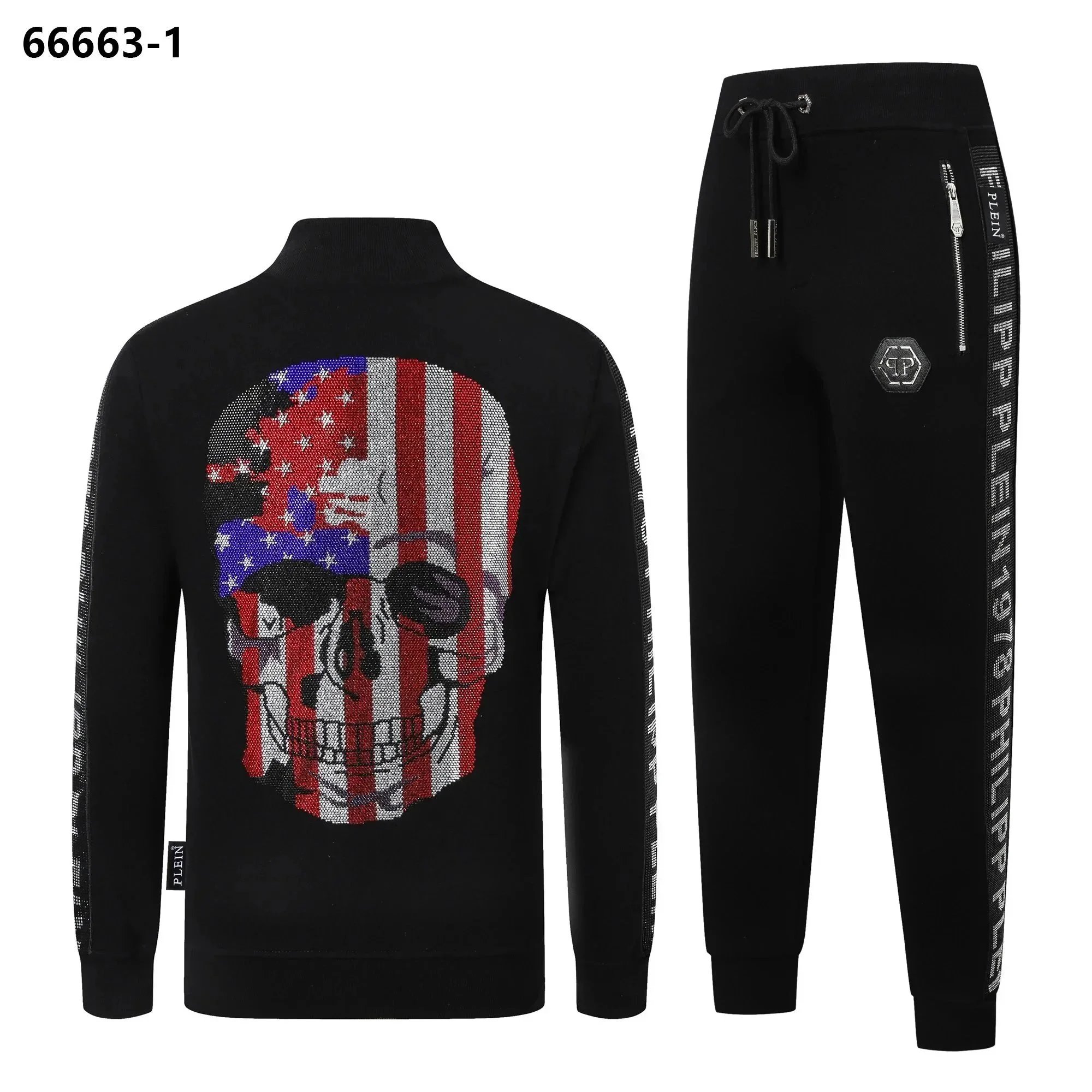 Philipp Plein Skull American Flag Half-Zip Sweater and Joggers Set Black