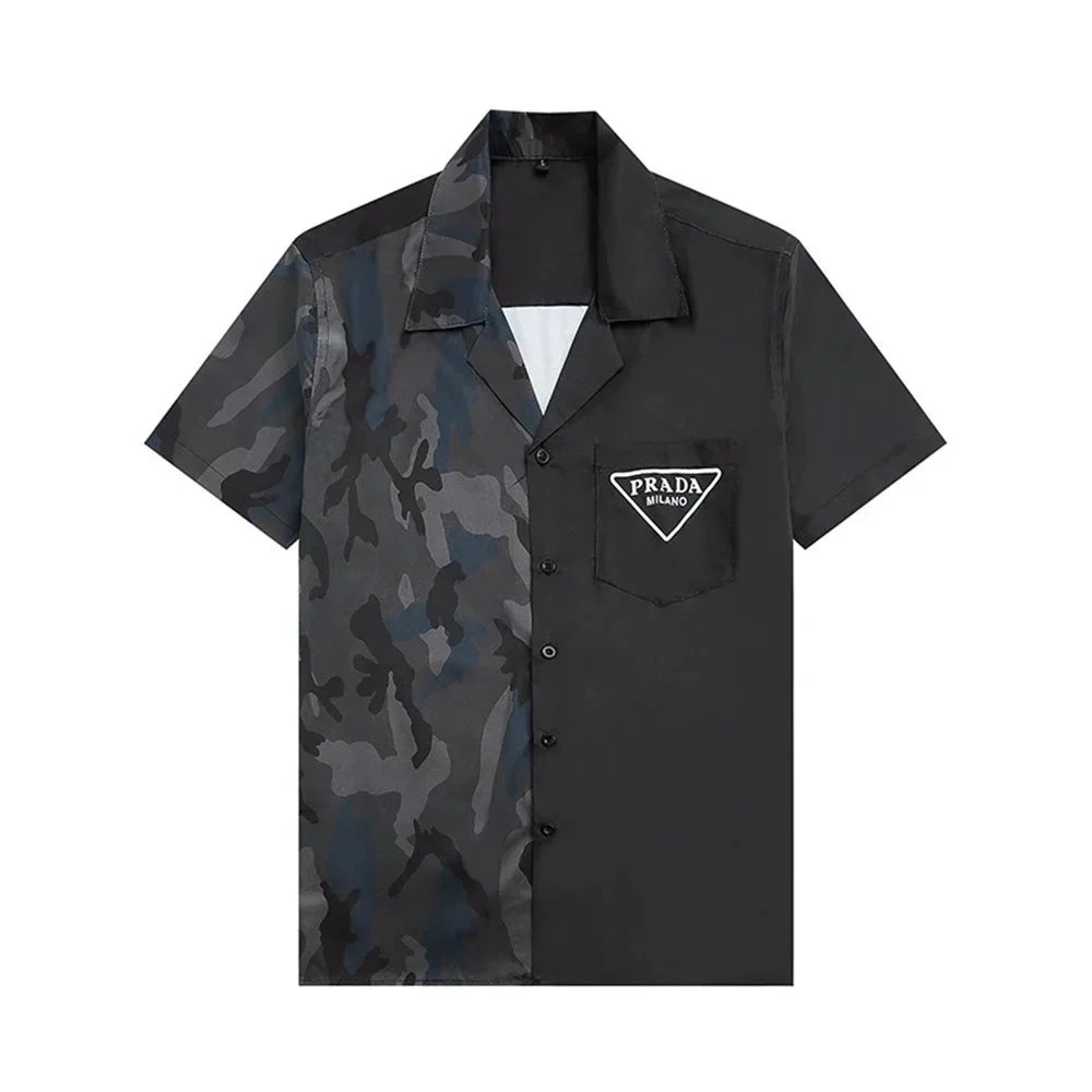 Prada Camouflage-Panelled Short-Sleeve Shirt with Logo Pocket