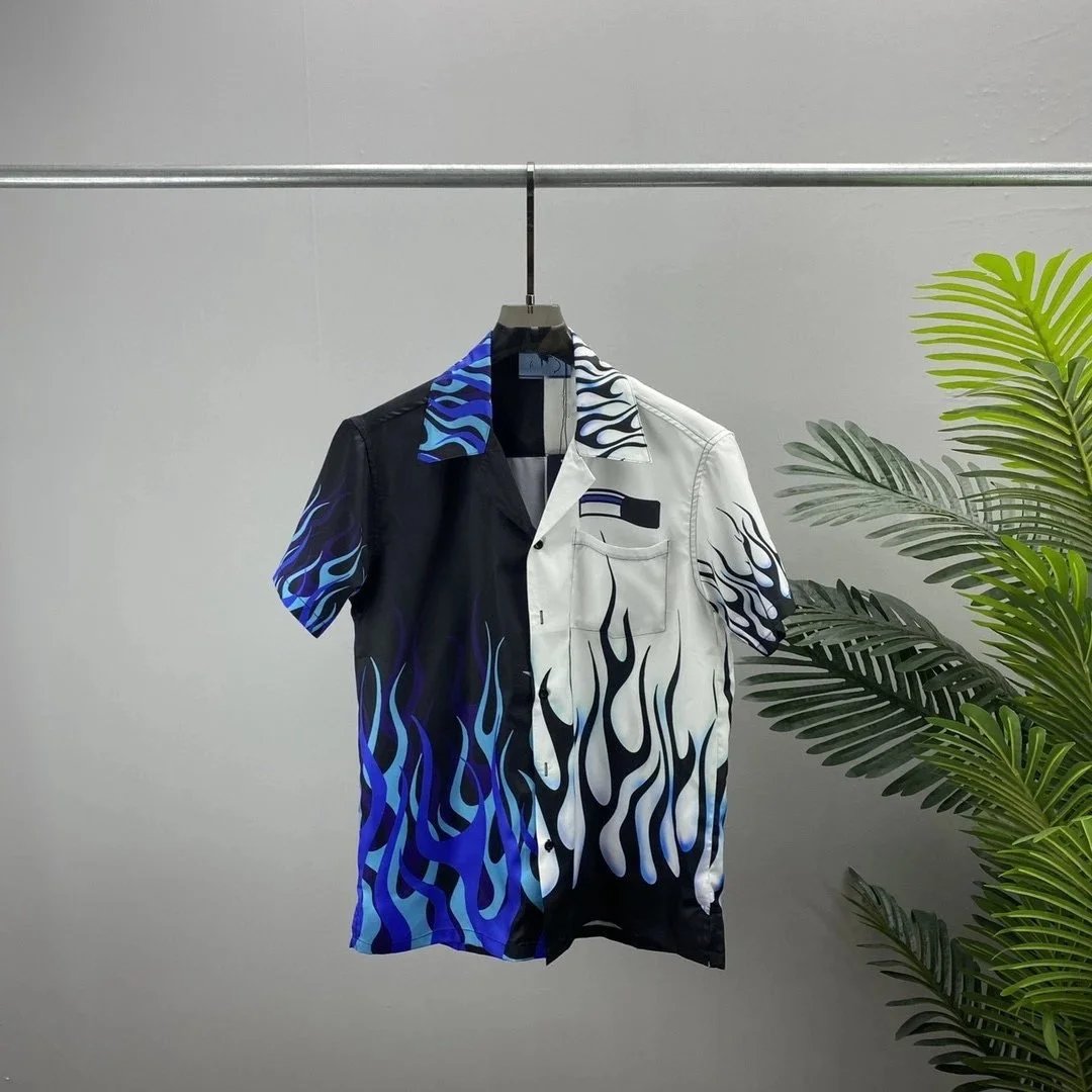 Prada Flame Print Split-Color Short-Sleeve Shirt