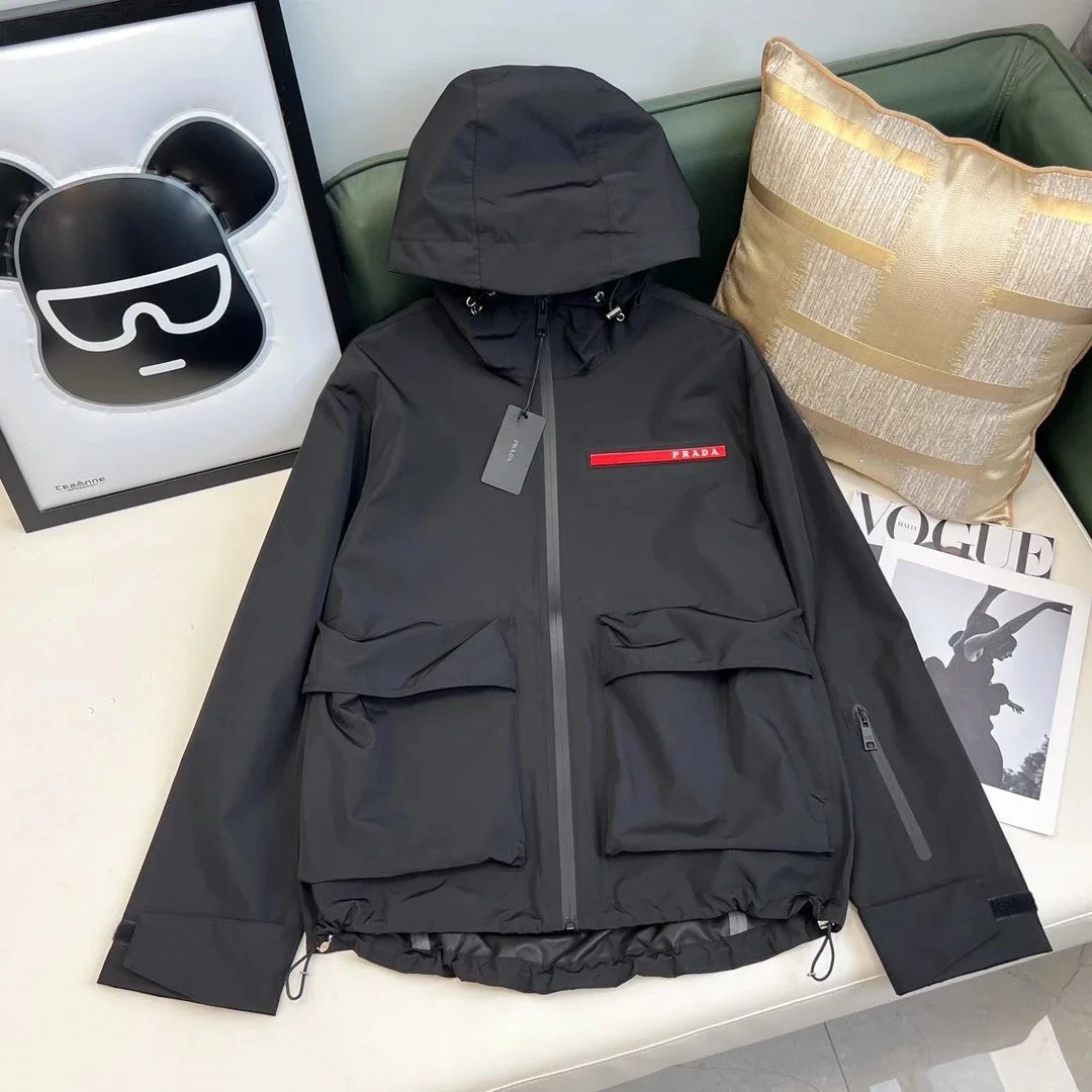 Prada Re-Nylon Hooded Jacket Black with Red Logo Tape
