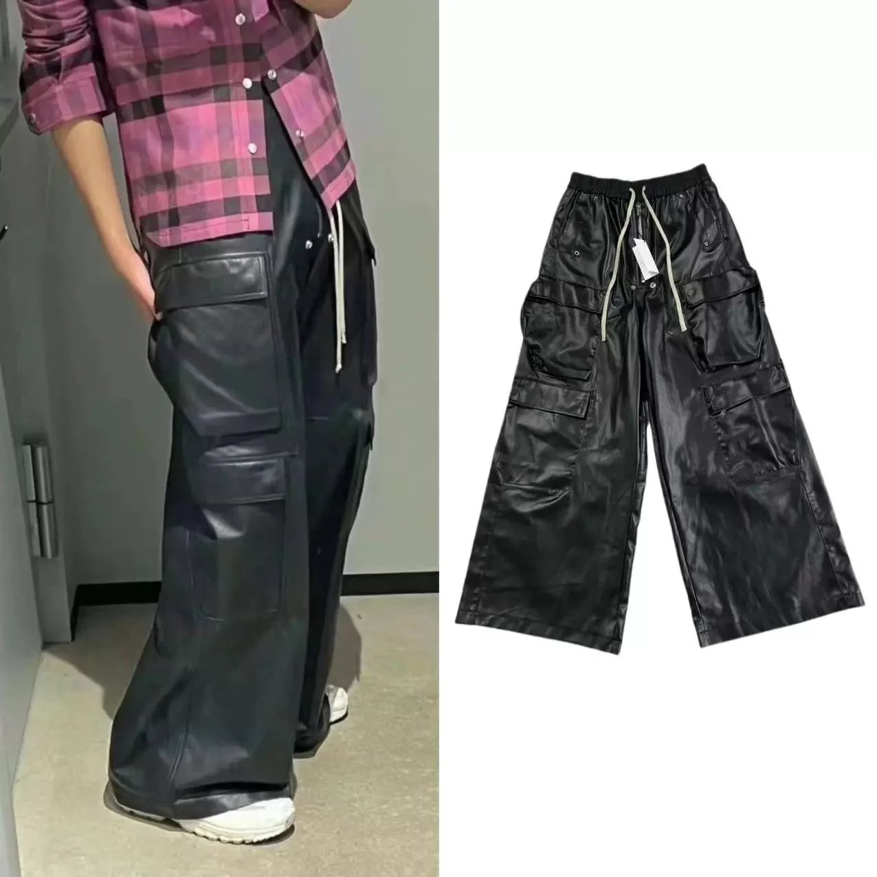 Rick Owens Black Glossy Leather Cargo Pants with Drawstring Waist