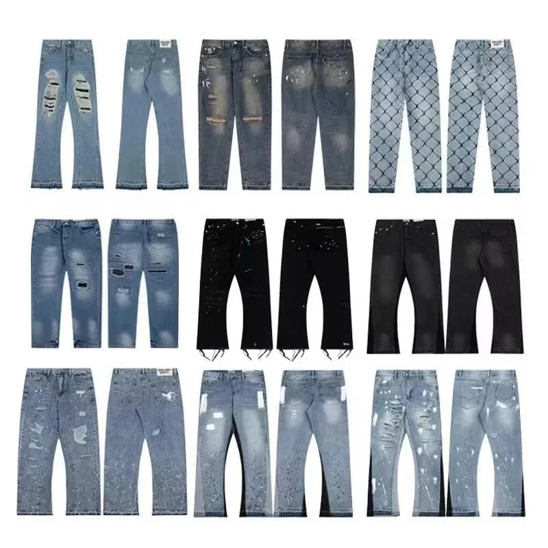 Ripped Acid-Wash Flare Jeans with Paint Splatter Detail