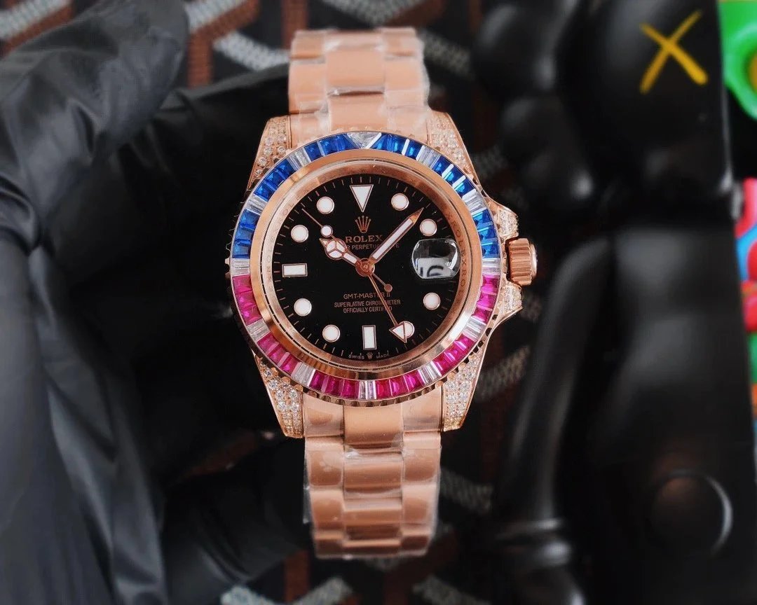 Rolex GMT-Master II Rose Gold Black Dial Rainbow Bezel Watch