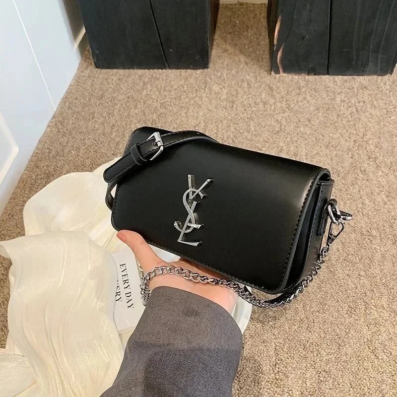 Saint Laurent Monogram YSL Logo Black Leather Chain Shoulder Bag