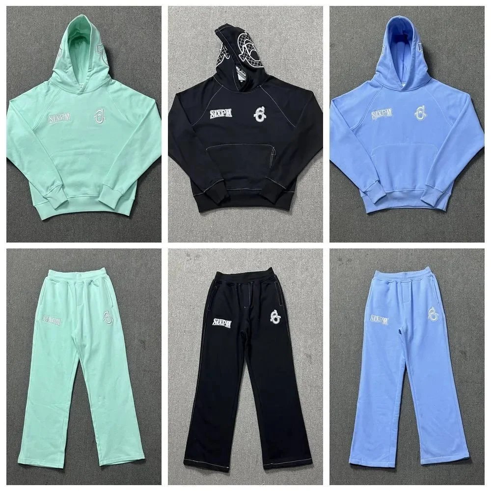 SIXPM Logo Embroidered Hoodie and Jogger Set - Mint Black Sky Blue
