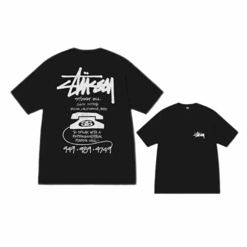 Stussy Black Graphic Tee with Vintage Phone Design