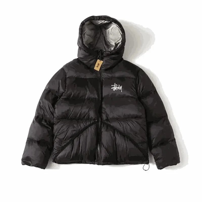 Stussy Black Hooded Puffer Jacket with Logo Embroidery