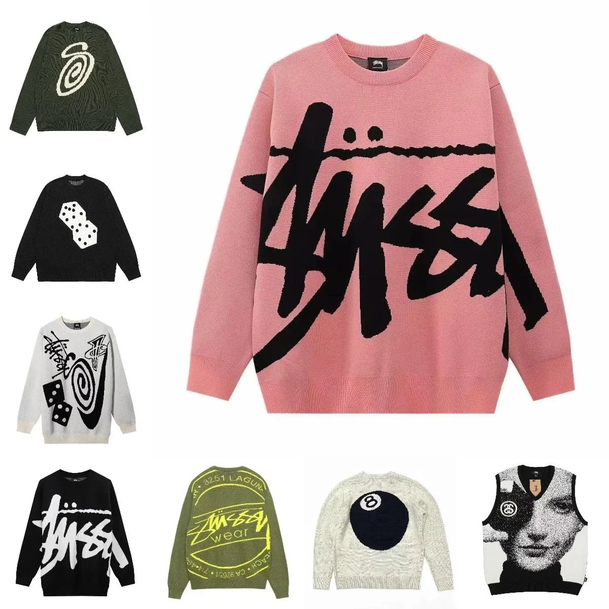 Stussy Oversized Knit Sweater Pink Black Graffiti Logo