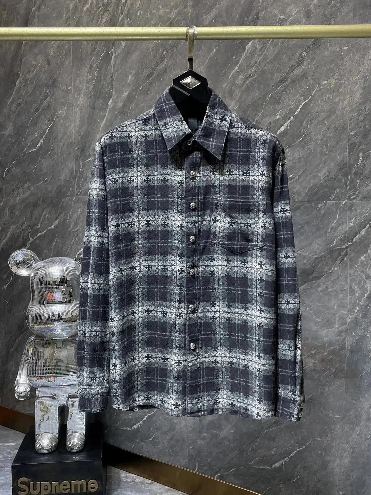 Supreme Floral-Plaid Long-Sleeve Shirt Black-Grey