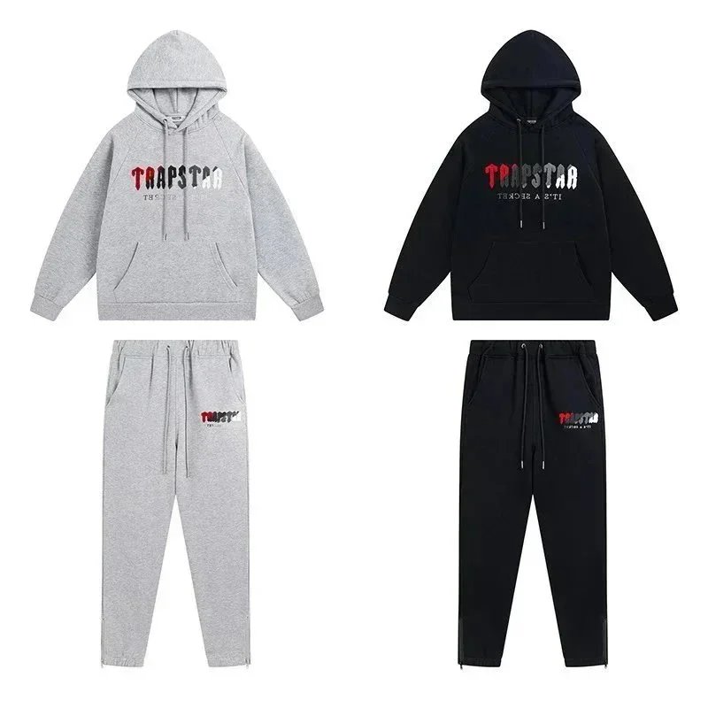 Trapstar Distressed Logo Hoodie and Jogger Set - Grey/Black