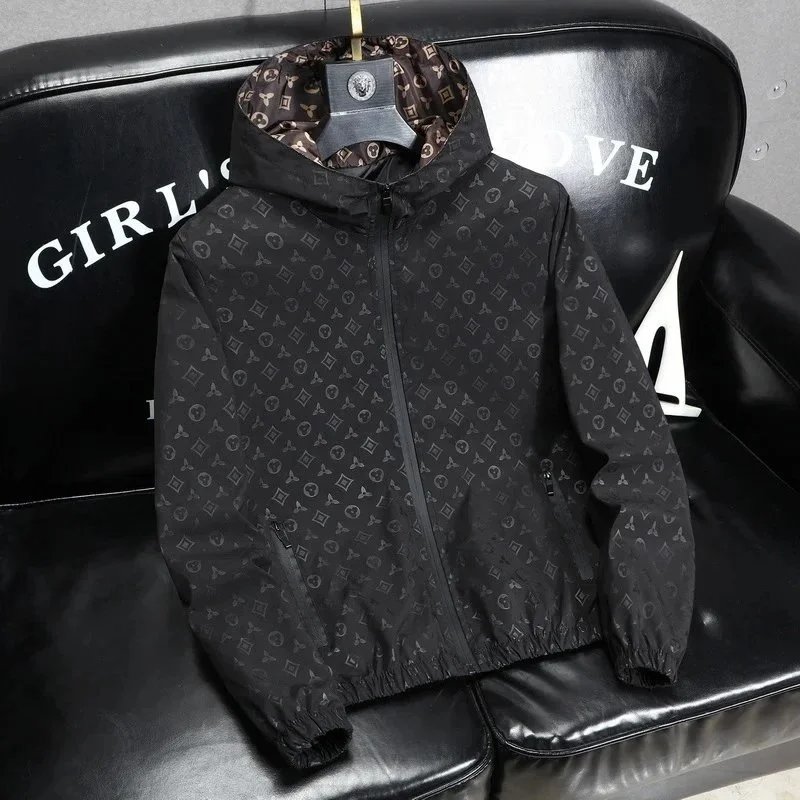 Versace Monogram Print Hooded Windbreaker Jacket Black